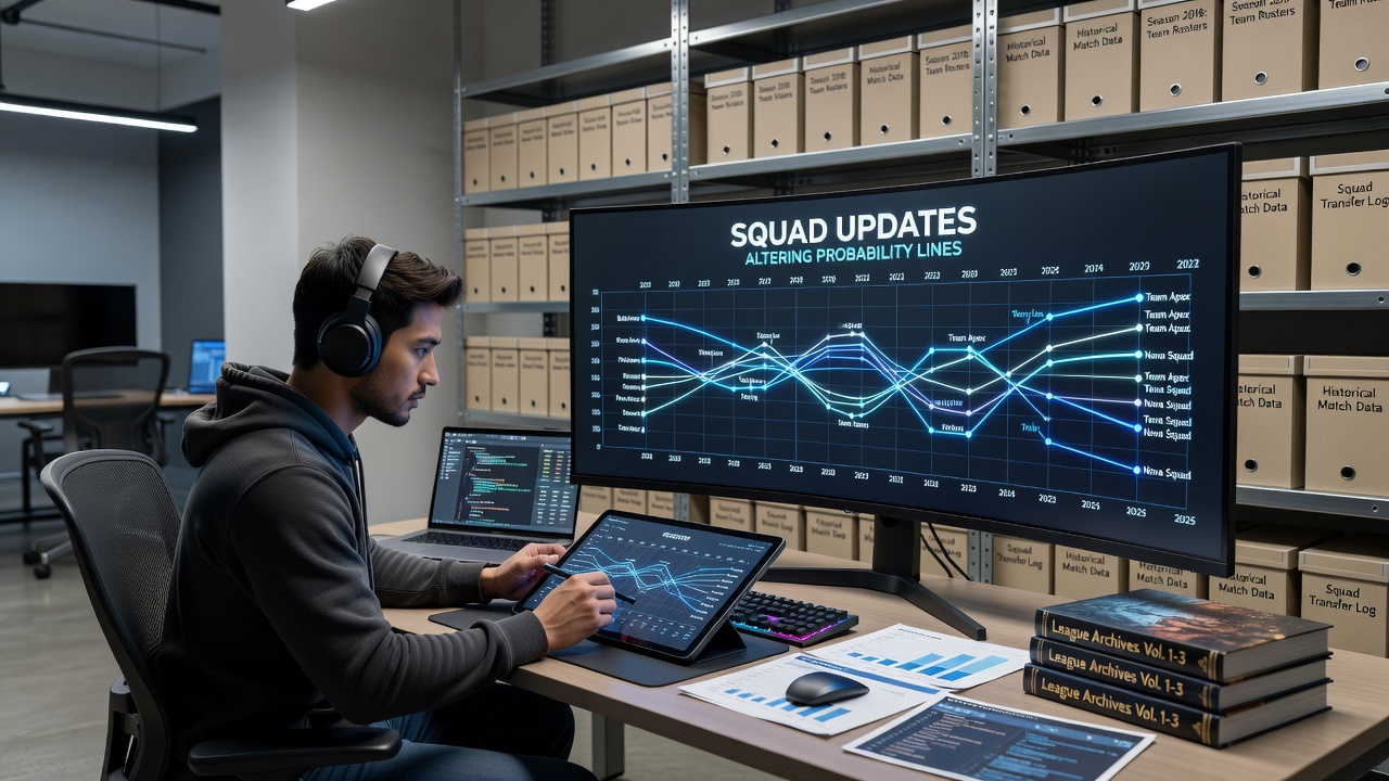 Data analysts reviewing updated squad information and historical probability models for football clubs