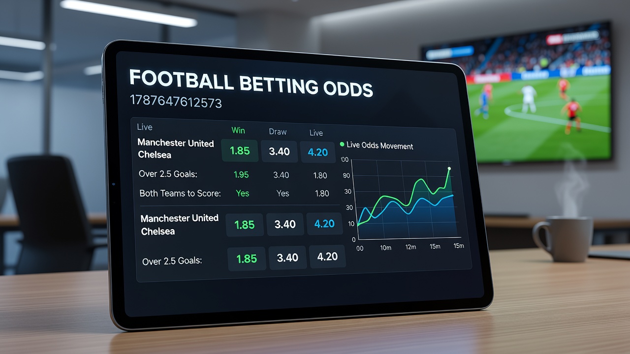 Analysts reviewing live football betting odds on multiple monitors during a match