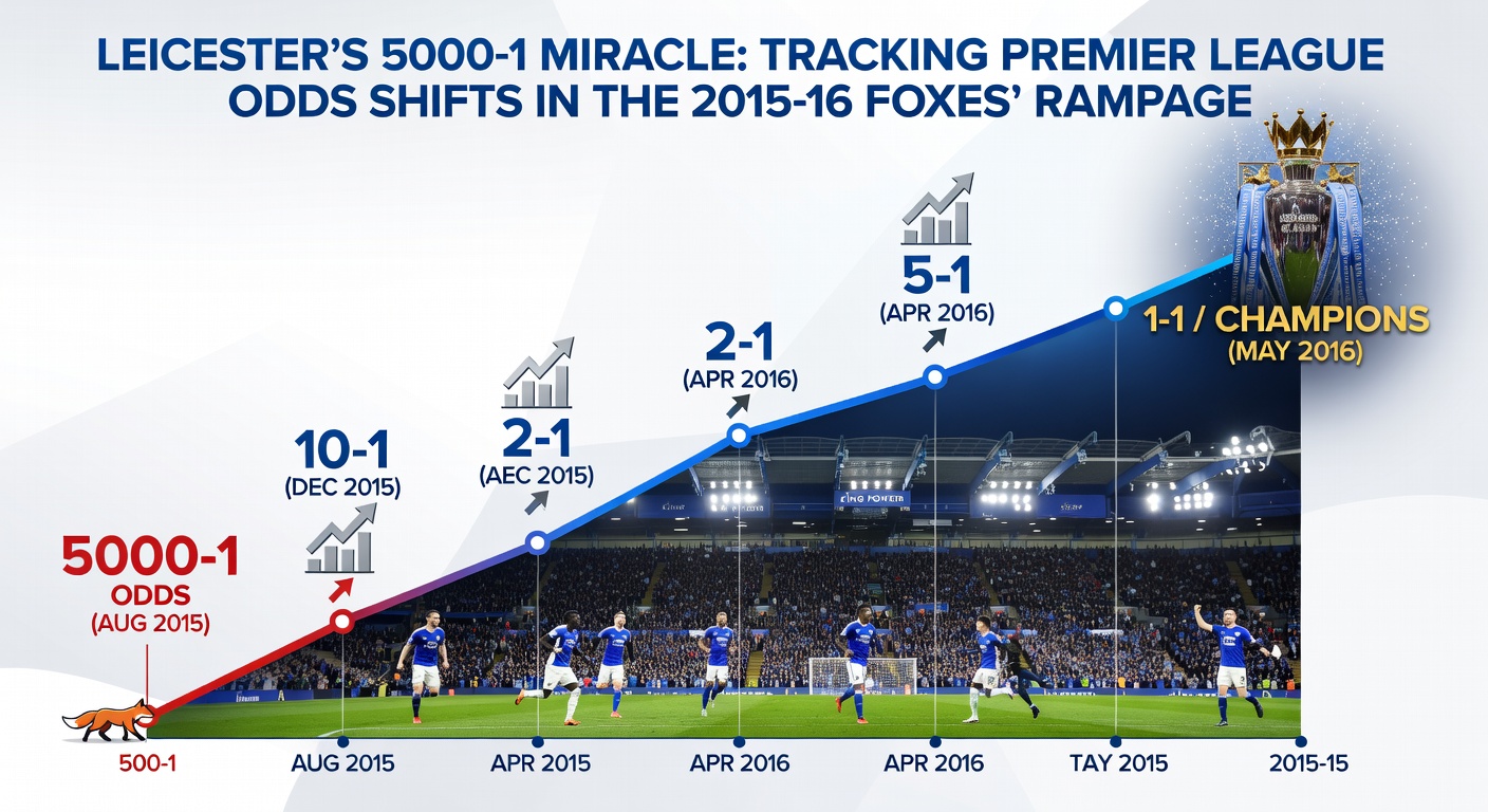 A graph plotting Leicester City's Premier League title odds from 5000-1 preseason to evens late in the 2015-16 season, with key match wins marked as inflection points