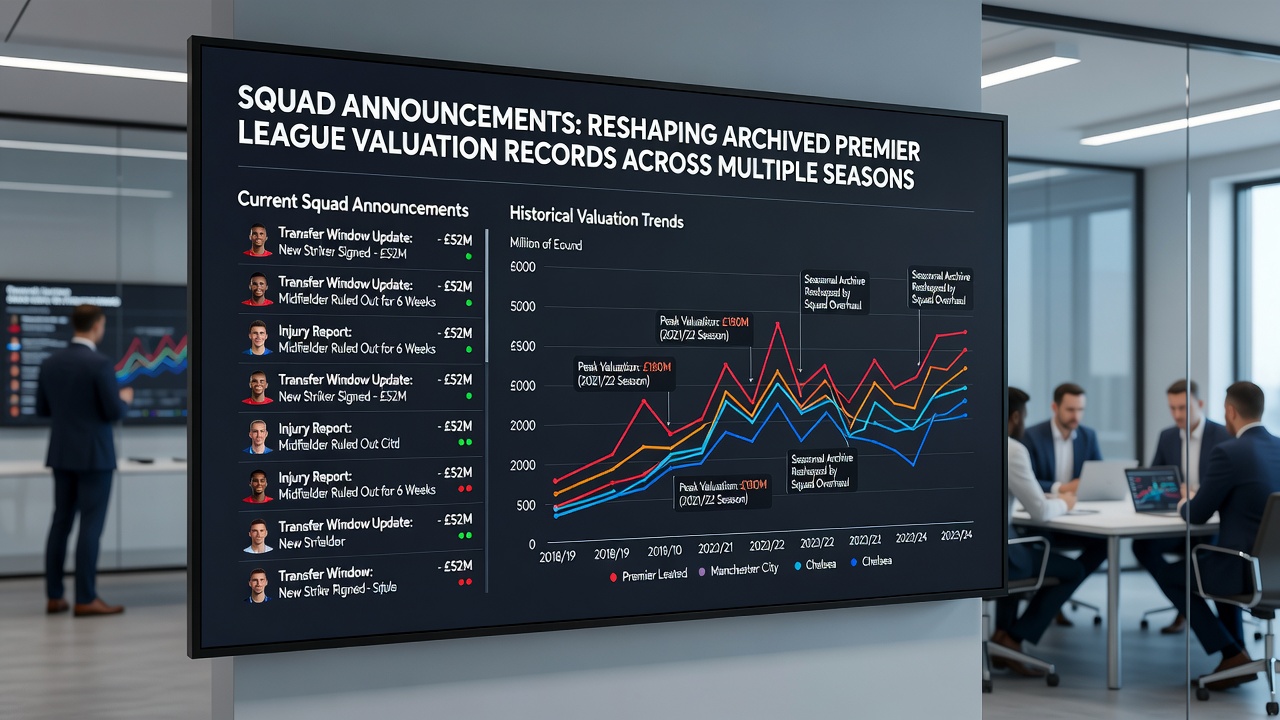 Data analysts reviewing Premier League historical valuation charts on multiple screens