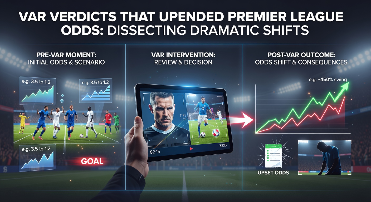Close-up of a Premier League referee at the pitch-side monitor, deliberating a VAR decision with stadium lights glaring in the backdrop