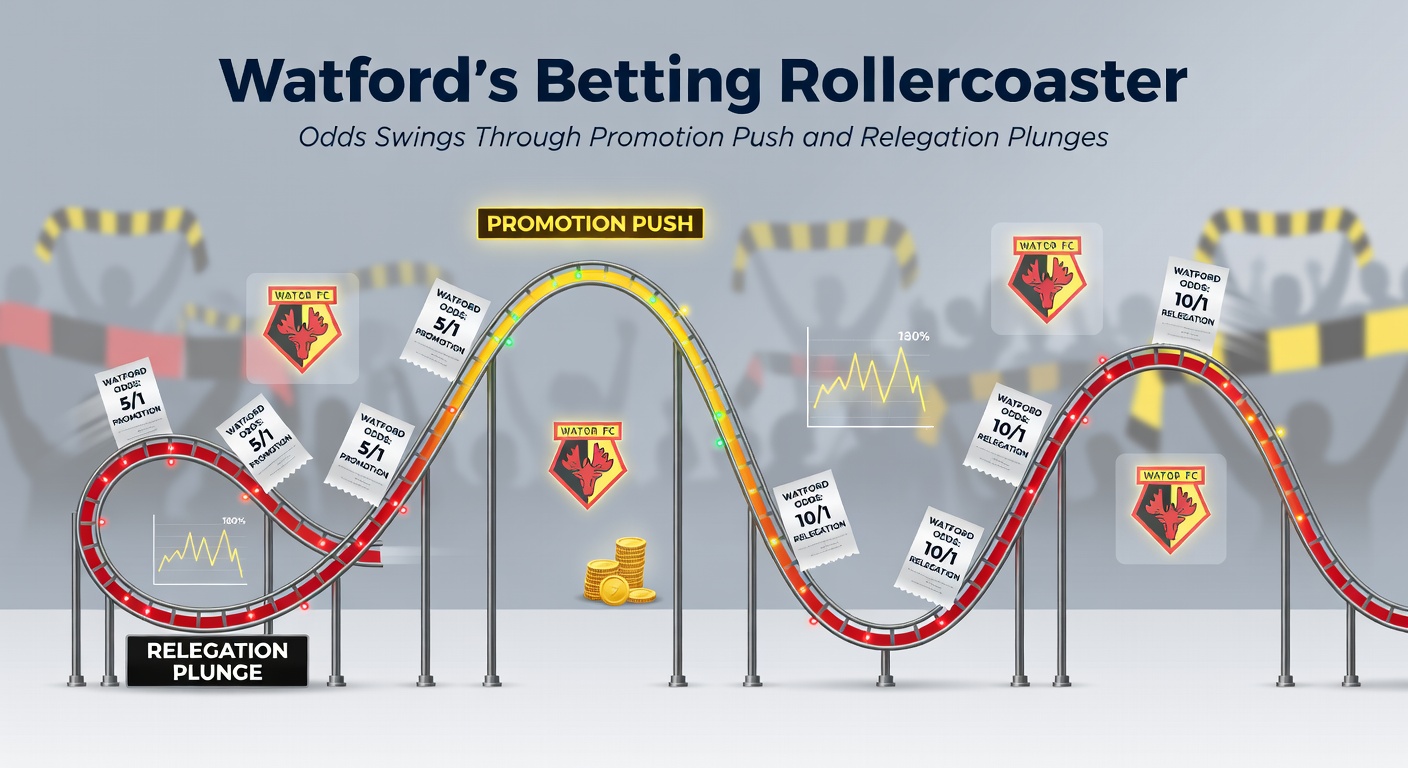 Graph charting Watford's fluctuating Championship promotion odds over a tense season, with lines spiking and dipping alongside key match results