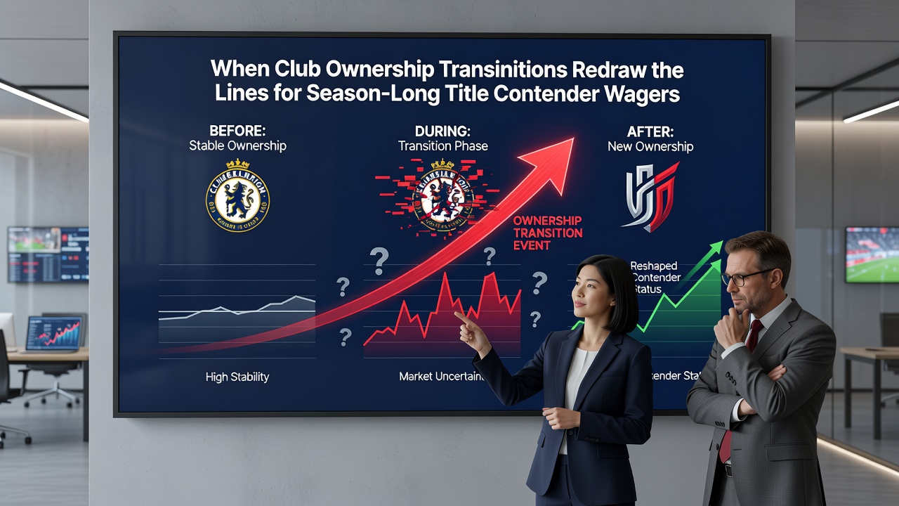 Betting odds board showing football title contender wagers with ownership news headlines